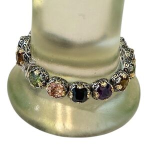 Artisan Silver tone 15 Multi-Color rainbow faux faceted Gemstones Bracelet